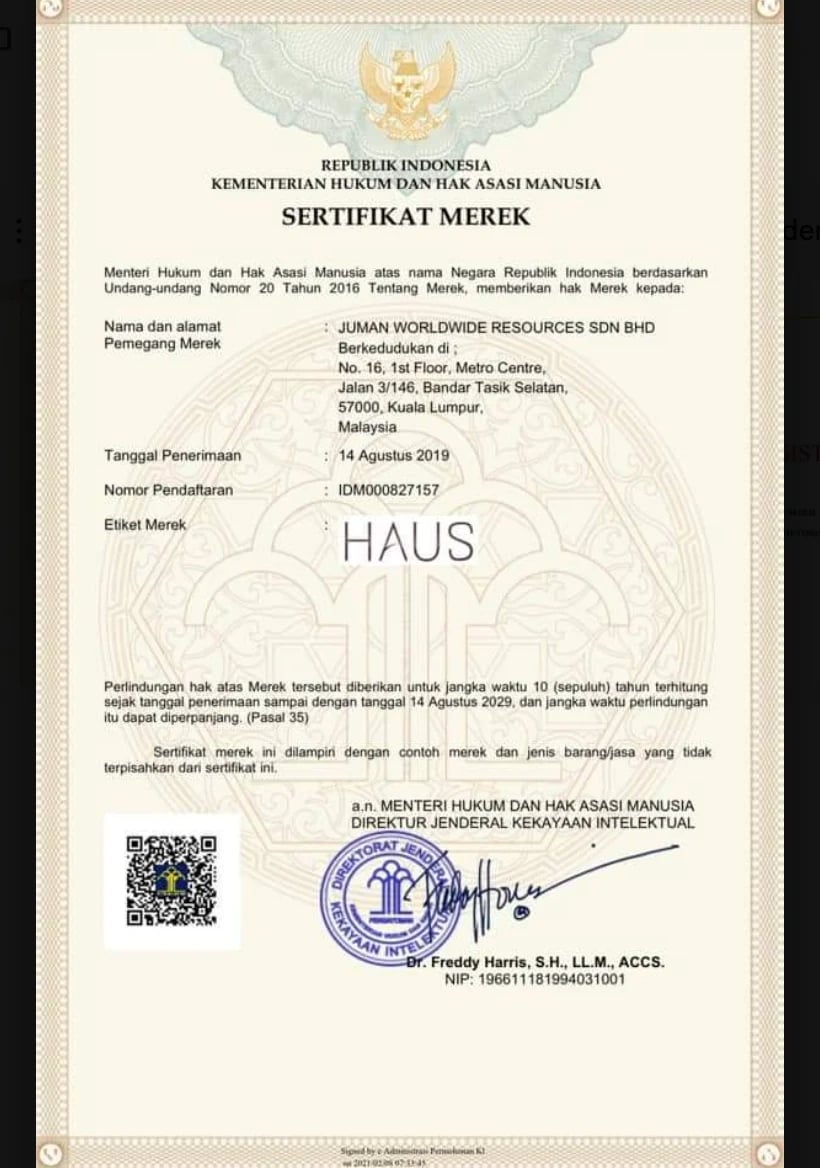 HAUS Registered Trademark — Indonesia (DJKI)