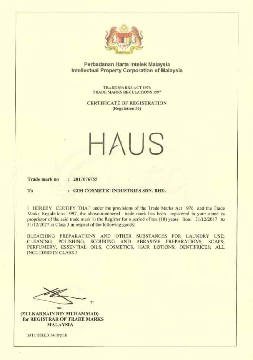 HAUS Registered Trademark — Malaysia (MyIPO)